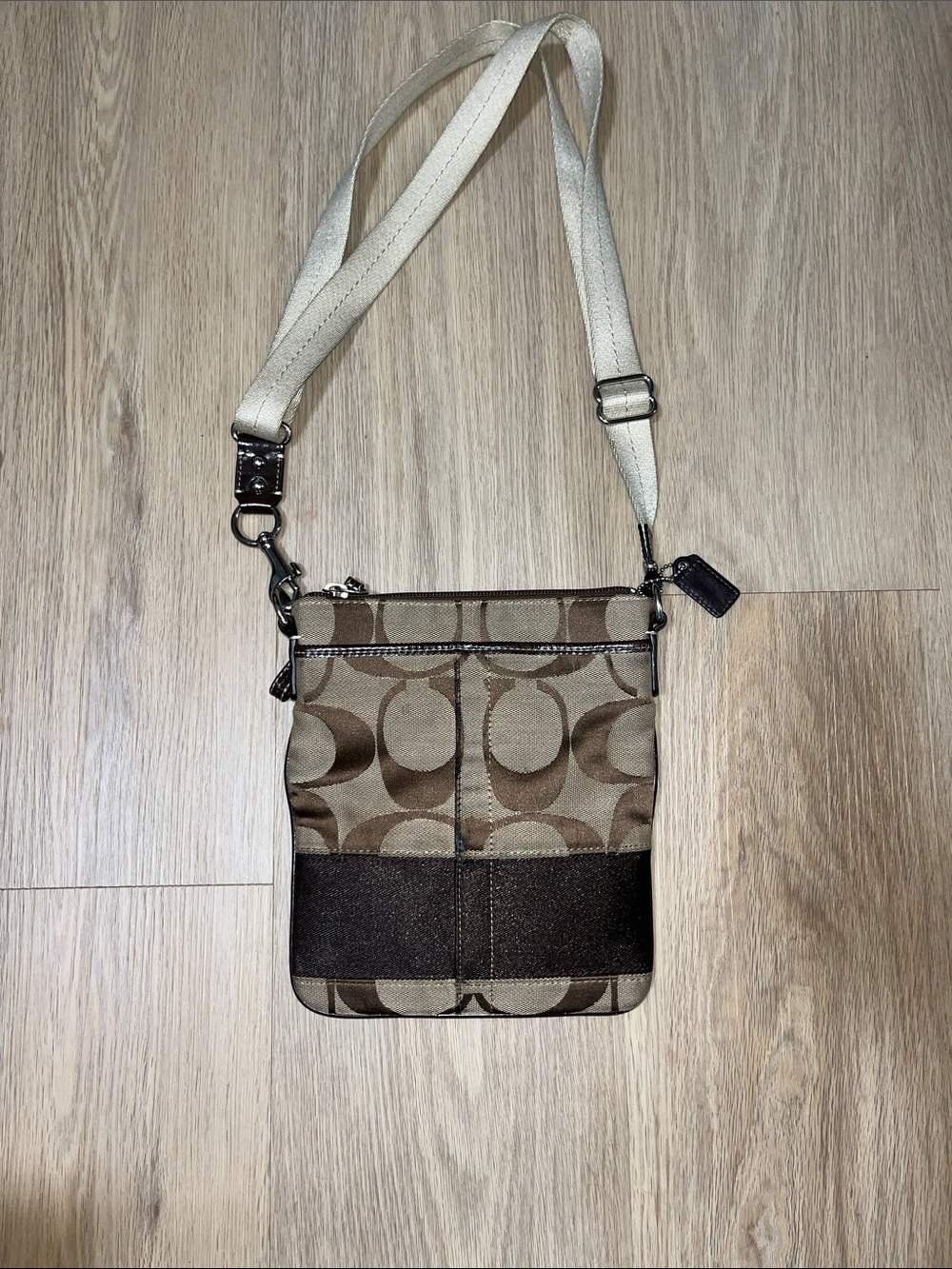 Coach Small Signature Crossbody in Brown and Cream